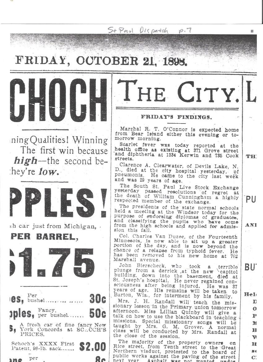 Saint Paul Pioneer Press, October 20, 1898, page 5- "Dies From Fall"