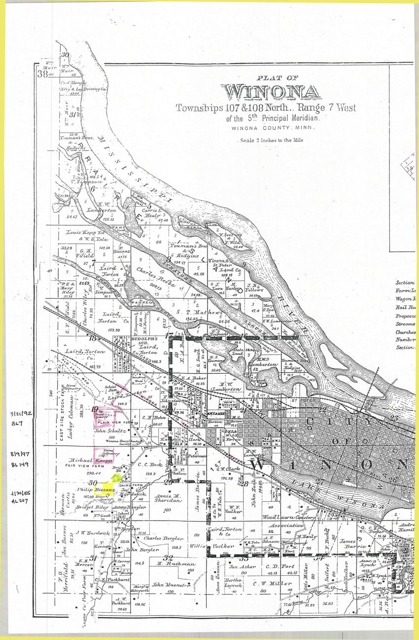 1894 Winona Plat Map highlighting quarries