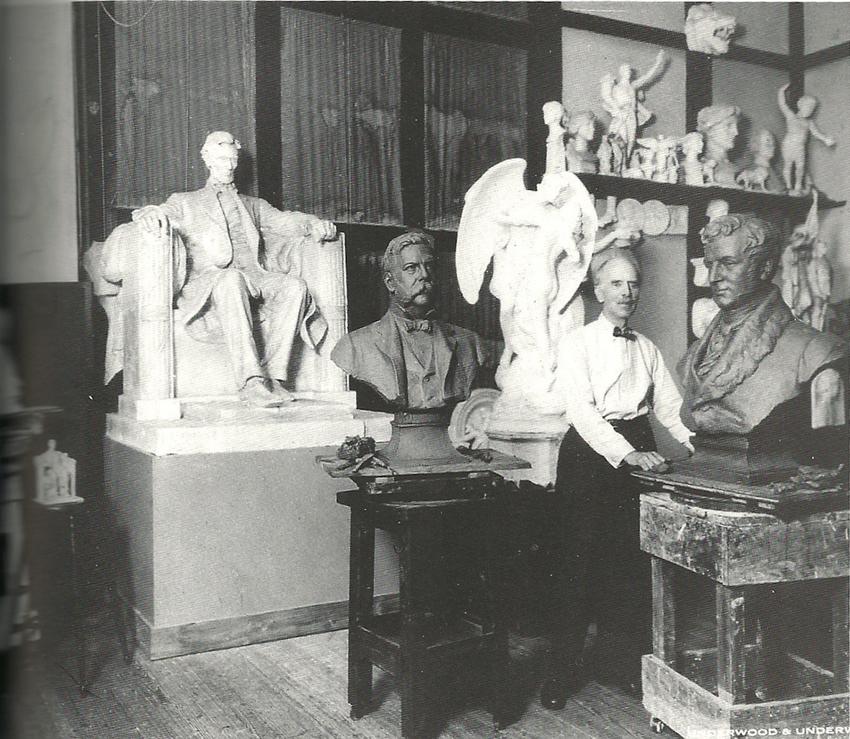 Sculptor Daniel Chester French in studio, 1921