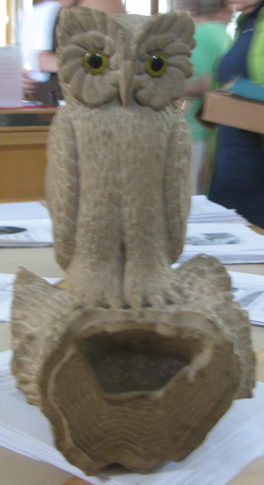 Limestone owl carved by stonecutter John Meyer