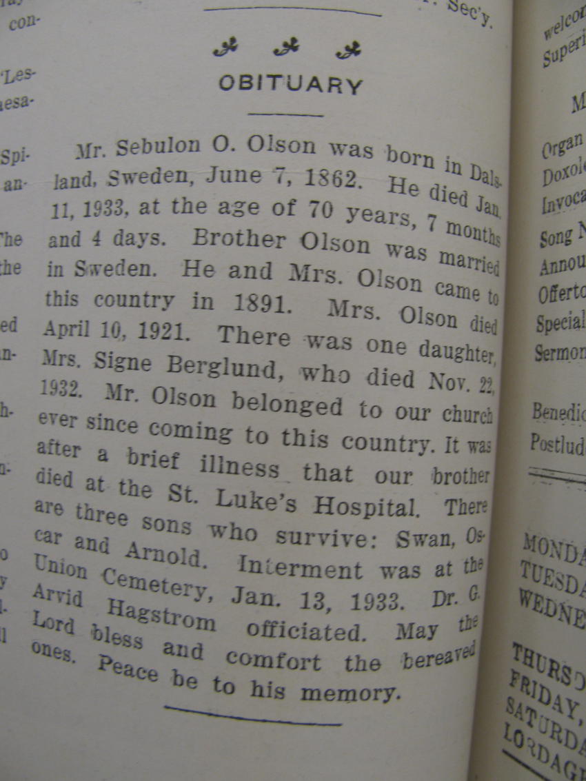 Sebulon Olson Obituary