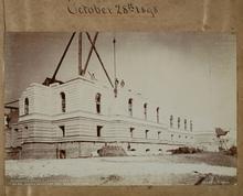 Minnesota State Capitol, SW Corner First Floor, Marble Hoist and Worker on Cable, October 28, 1898 