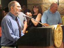 Randy Croce, WBOC Project Director, speaking at Capitol workers plaque dedication